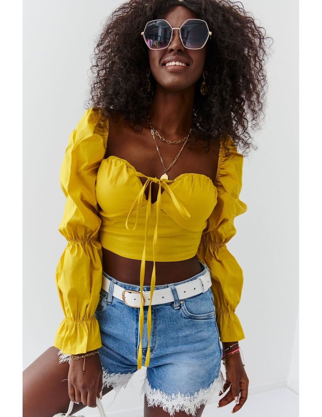 Short, long-sleeved blouse, mustard 7861 - Online store - Boutique